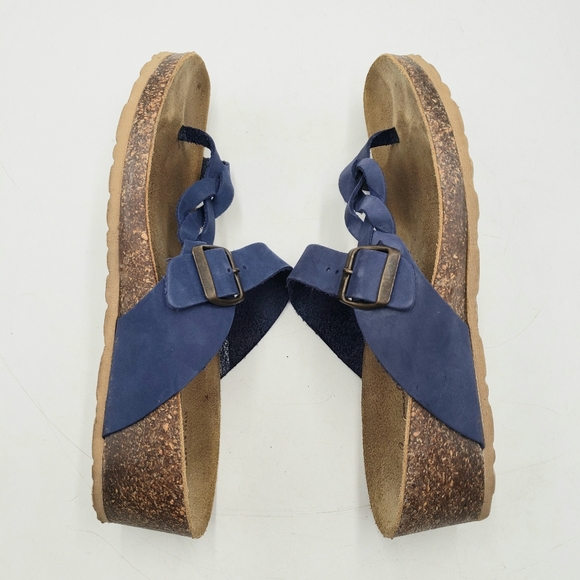Mila Paoli Women 9.5 Cork Wedge Leather Sandals Blue Toe Wrap Braid Buckle Strap - Picture 5 of 11